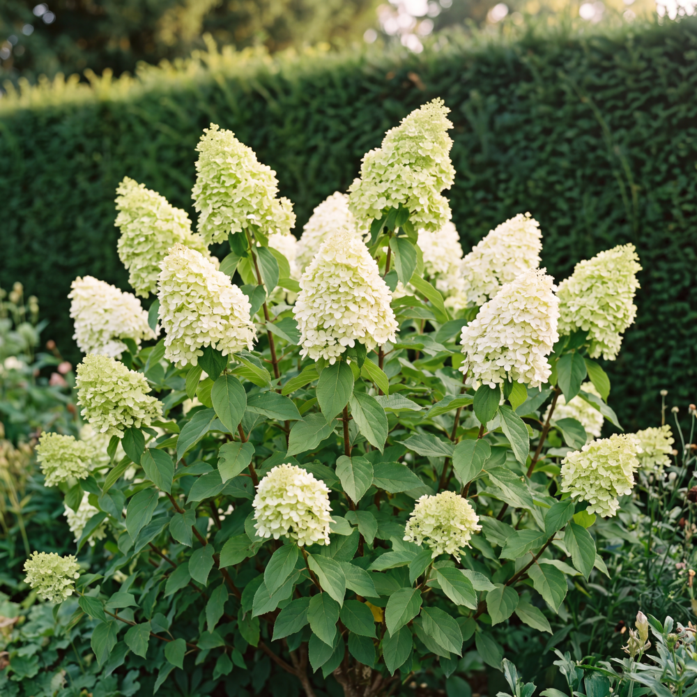 Hortensia 'Limelight' med store kegleformede blomsterstande i limegrøn og cremehvid