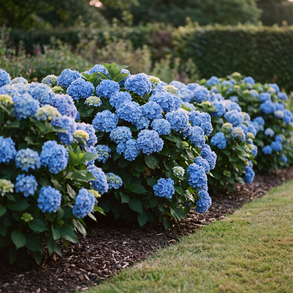 Hortensia 'Nikko Blue' med store kugleformede blomsterstande i blå nuancer