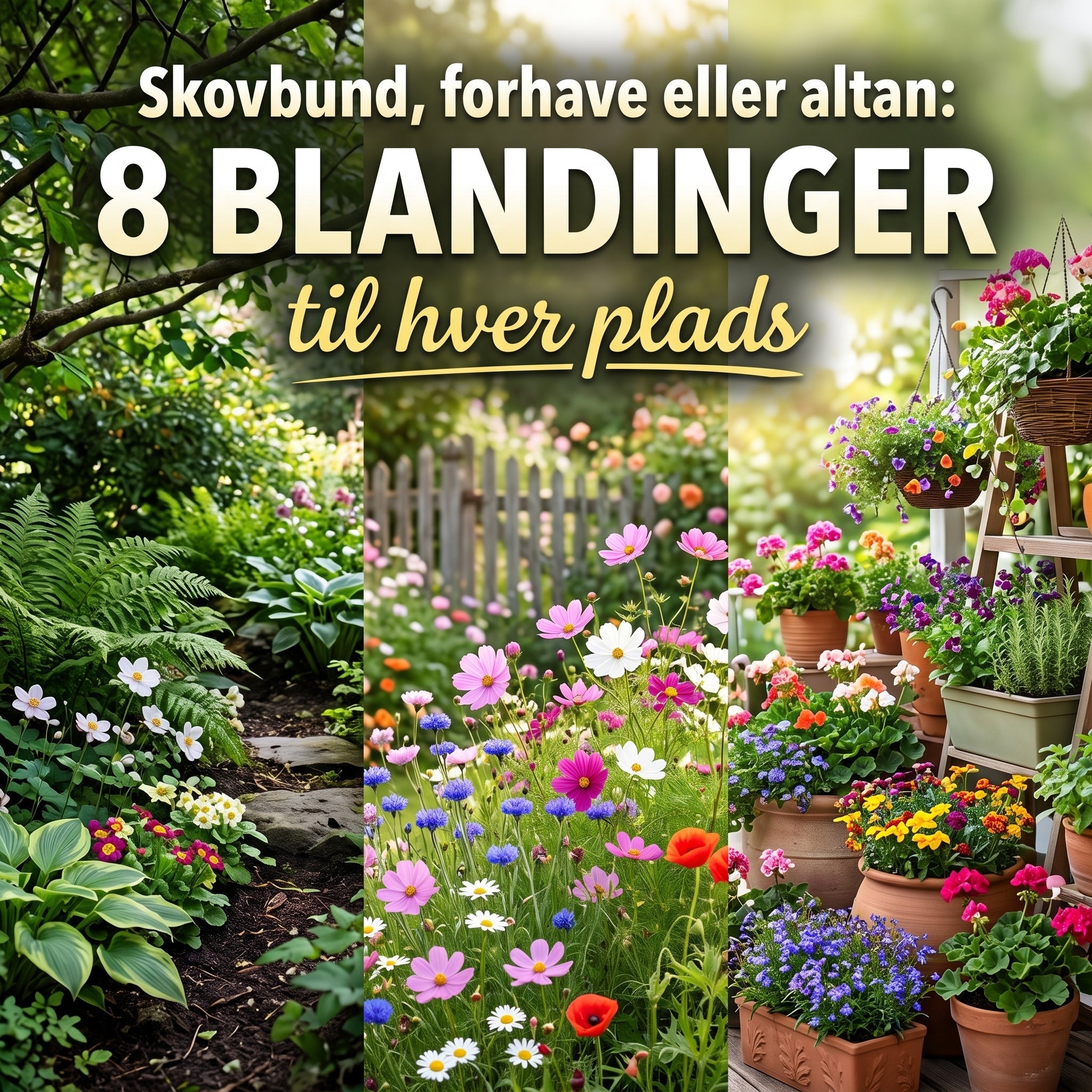 Tre haverum side om side: skovbund med bregner og hosta, forhave med cosmos og kornblomster og en altan med krukker