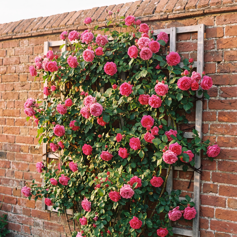 Rose 'Laguna' med store fyldte blomster i klar frisk pink