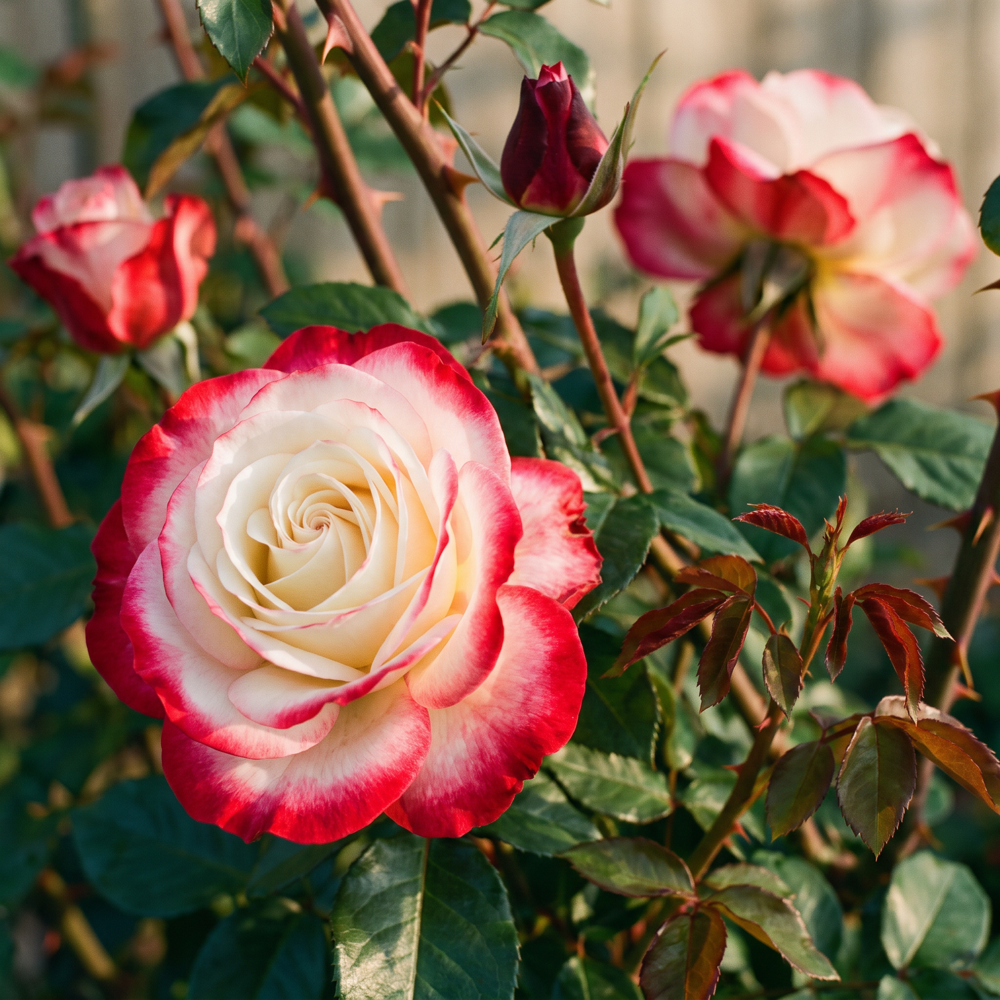 Rose 'Nostalgie' med store fyldte blomster i cremehvid med kirsebærrød kant