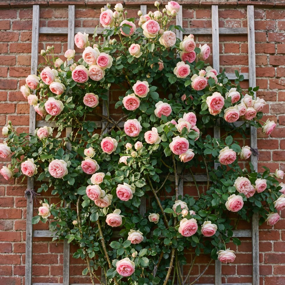 Rose 'Pierre de Ronsard' med store romantiske blomster i cremehvid med rosa midte