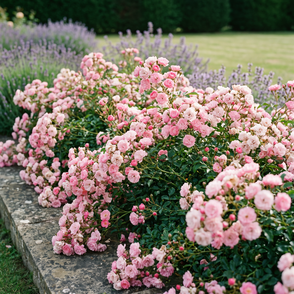 Rose 'The Fairy' med små fyldte lyserøde blomster i store klaser
