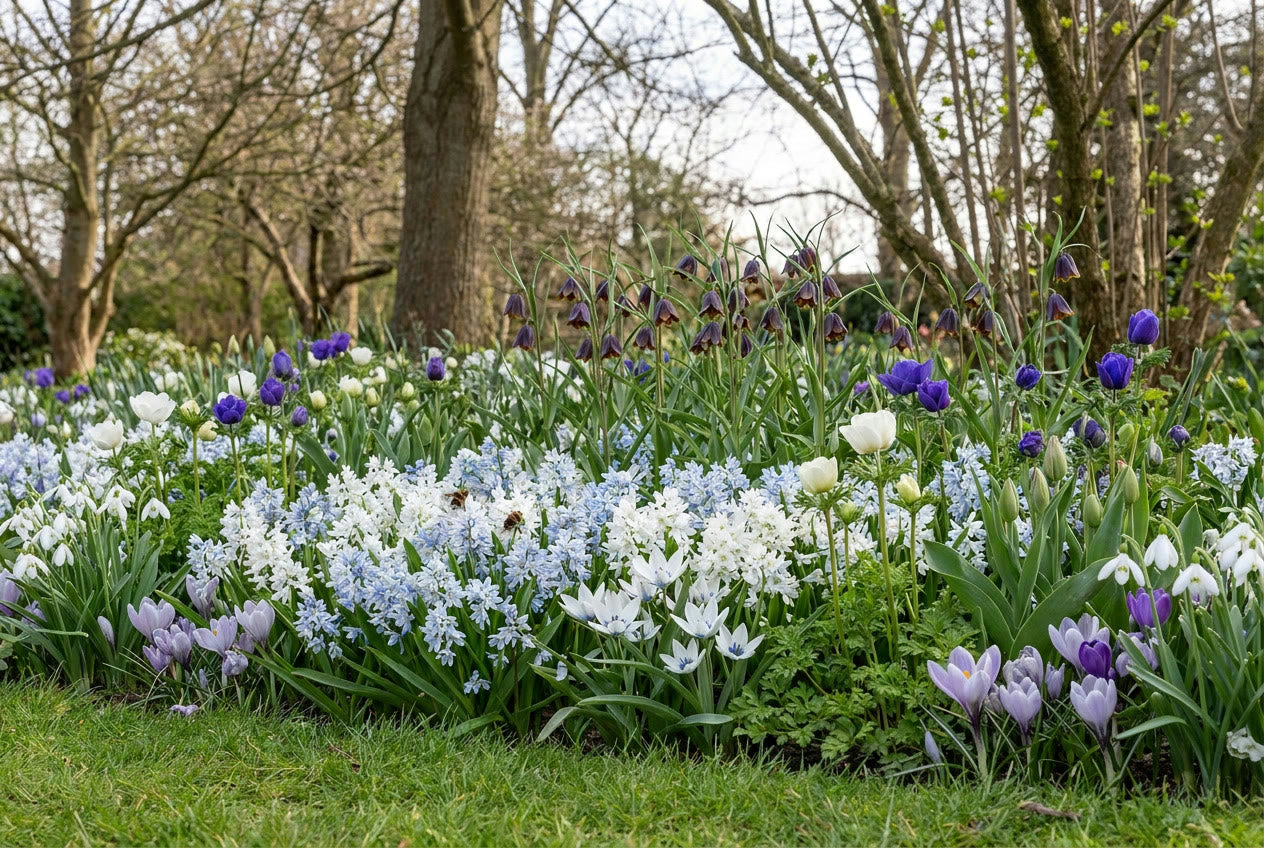 Forårsbed med porcelænshyacint, krokus, vintergækker og kejserkrone