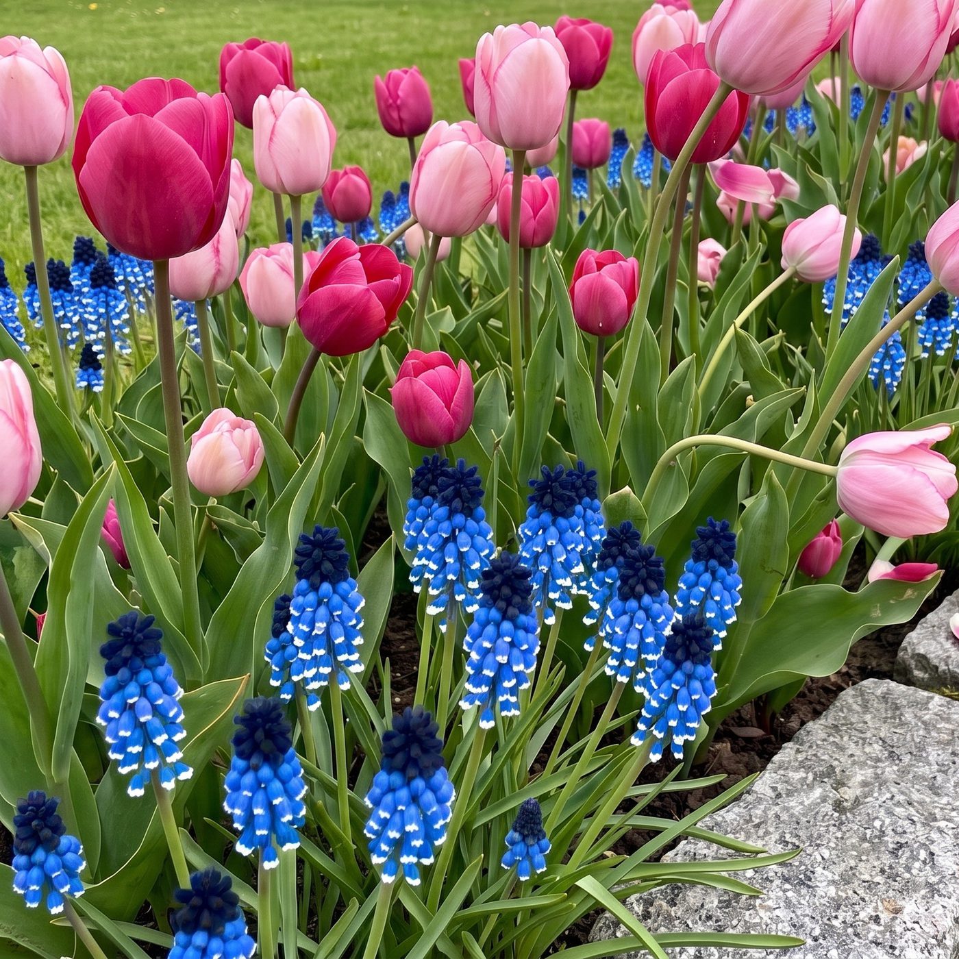 Færdigbed med rosa tulipaner og blå perlehyacinter